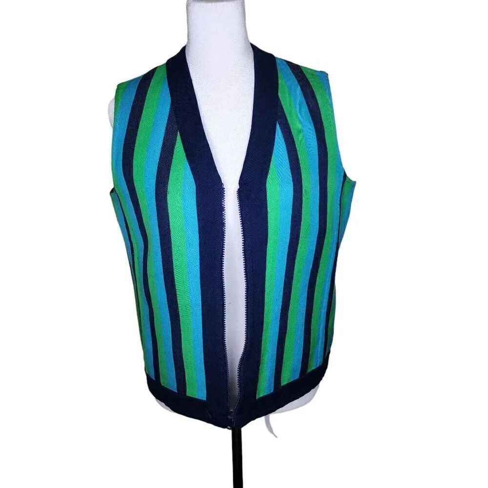 Vintage 70s Reversable Striped Solid Full Zip Vest Womens Size L Blue Green